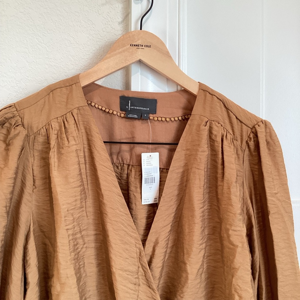 Anthropologie Long Sleeve Wrap Blouse Silky New Large Copper Brown - Picture 7 of 15